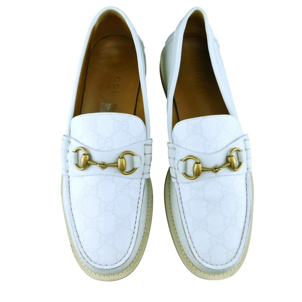 GUCCI GG Logo Monogram White Leather Signature Horse Bit Slip-on Boat Shoes 8 UK